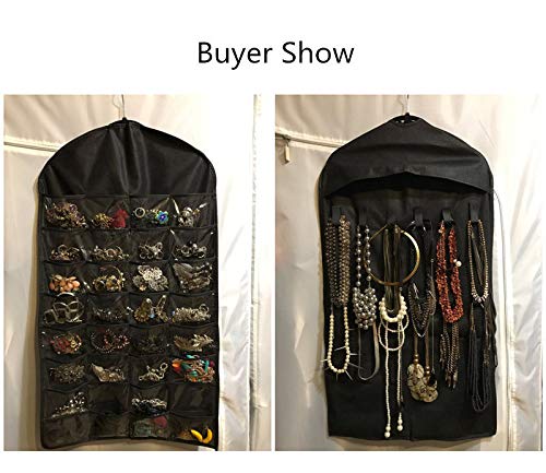 [Australia] - 32 Pockets Visible Hanging Jewelry Organizer Non-Woven Jewelry Holder Carrier with 18 Hook and Loops for Girls/Women Rings, Necklaces, Bracelets, Earrings (Black) Black 