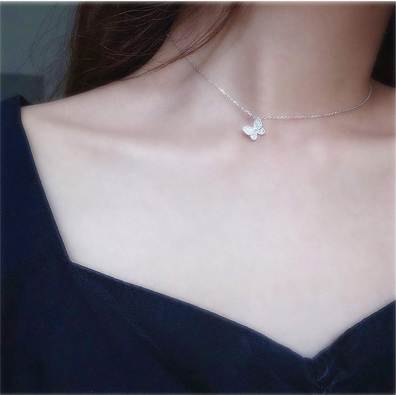 [Australia] - Sterling Silver Cute Butterfly Necklace for Women Teen Girls Kids Crystal Cubic Zirconia Charm Dainty Small Pendant Choker Necklace Adjustable Chain 18" Fashion Jewelry 