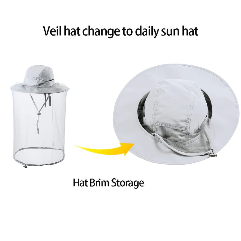 [Australia] - HunterBee Mosquito net hat Bug Insect Hats with Netting Beekeeper Beekeeping bee Veil hat Safari Hiking Gardening mesh Cap Hood Light Gray 