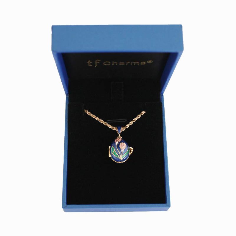 [Australia] - TF Charms Lily of The Valley Flower Royal Russian Egg Pendant Necklace 18" with Heart Charm Suprise Inside Blue 