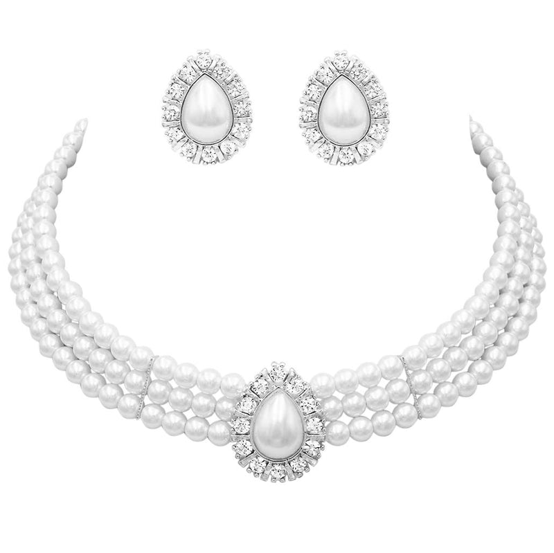 [Australia] - Rosemarie & Jubalee Women's Simulated Large Teardrop Pearl 3 Piece Choker Necklace Cuff Bracelet Clip On Earrings Bridal Jewelry Set 