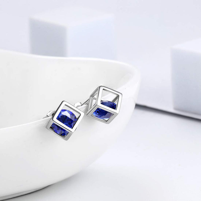 [Australia] - Birthstone Necklace/Earring 925 Sterling Silver Women Cross/3D Cube/Cresent Moon Birth Stone Jewelry Mens Birthday Gift Anniversary Present I.Blue-September-Sapphire 3d-cube-sets 