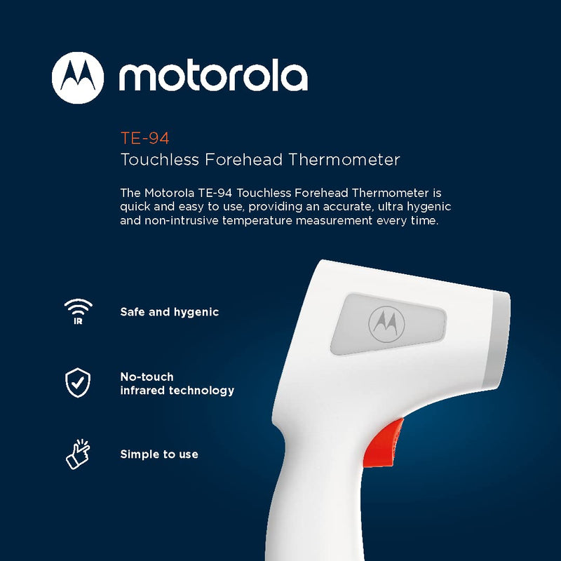 [Australia] - Motorola TE-94 Infrared Touchless Forehead Thermometer for Adults and Kids - Backlit Display, Memory Function, High Temp Alert - White 