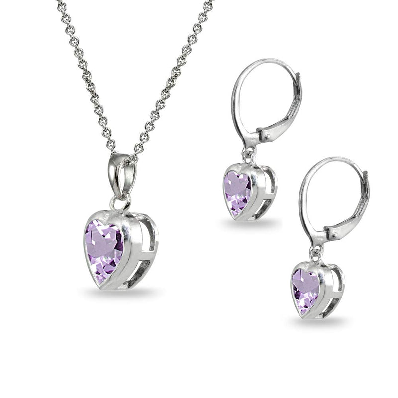 [Australia] - Sterling Silver Genuine or Synthetic Gemstone Heart Bezel Necklace & Dangle Earrings Set Amethyst - February 