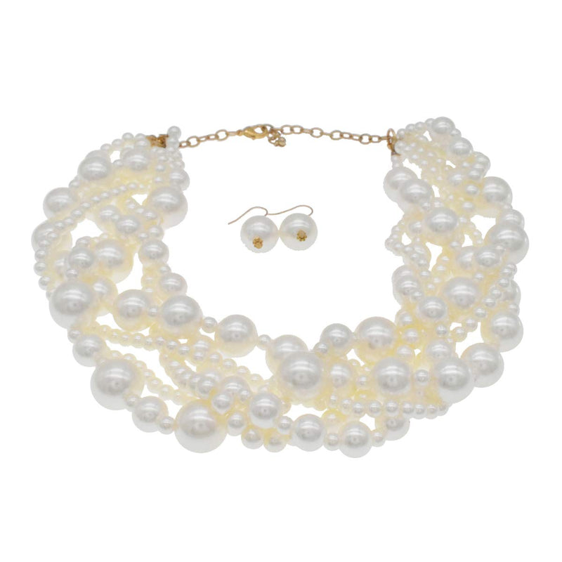 [Australia] - JNF Large Pearl Necklace Set Multi Layer Pearl Strand Costume Jewelry Sets Pearl Statement Necklace Bracelet and Earrings for Women White 