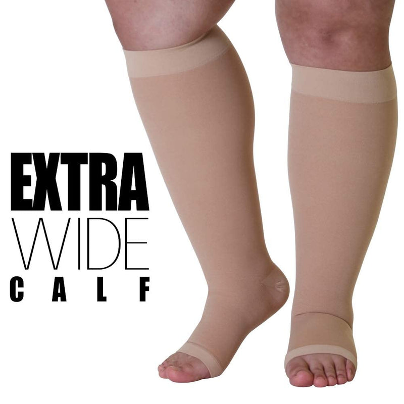 [Australia] - Made in The USA - Plus Size XXL Opaque Compression Socks with Extra Wide Calf - Knee-Hi Firm Support - Open Toe - 20-30mmHg – 2XL Compression Stockings for Woman - Support Socks for Men Beige XX-Large 
