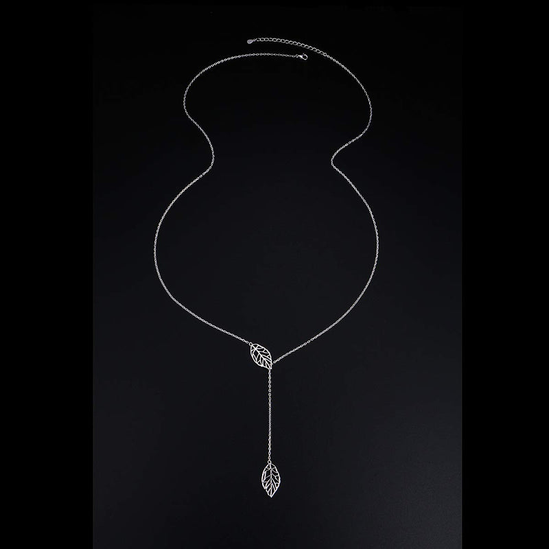 [Australia] - Long Necklace Sterling Silver Larait Bar Y Lariat Long Chain Drop Adjustable Necklace Gift for Her, 30" Long Leaf Lariat Necklace 