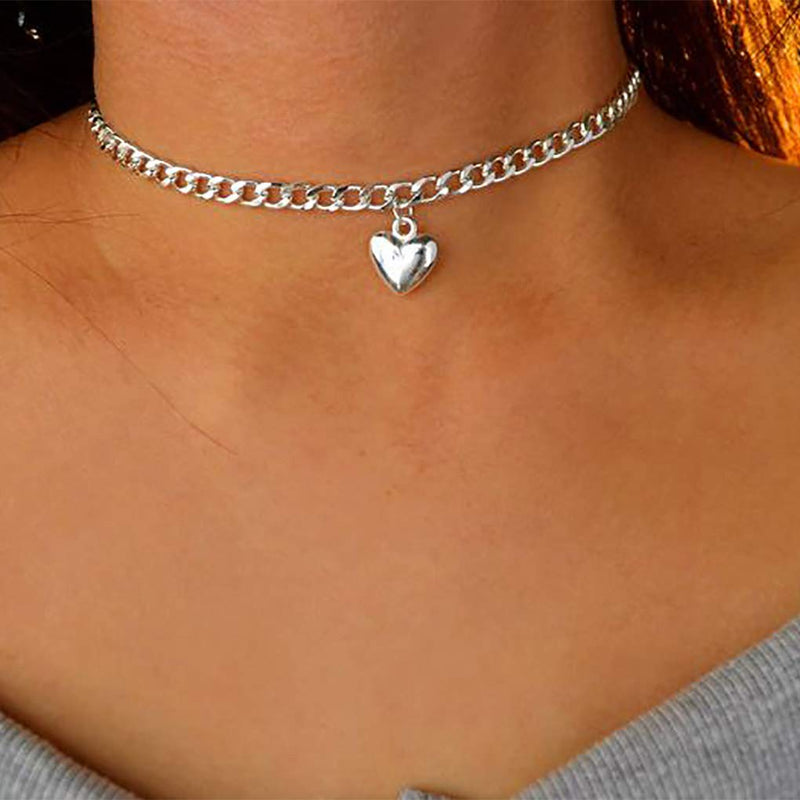 [Australia] - Ursumy Punk Choker Necklace Chain Chunky Love Chokers Heart Pendant Necklaces Jewelry for Women and Girls (Silver) Silver 