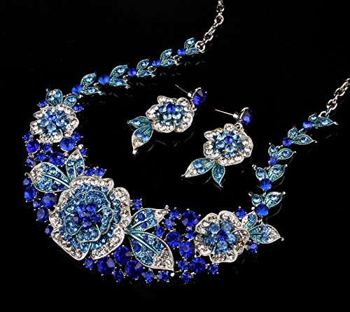 [Australia] - ENUUNO Prom Costume Jewelry for Women Flowers Crystal Choker Chain Charm Necklace and Earrings Sets Women Blue alloy 