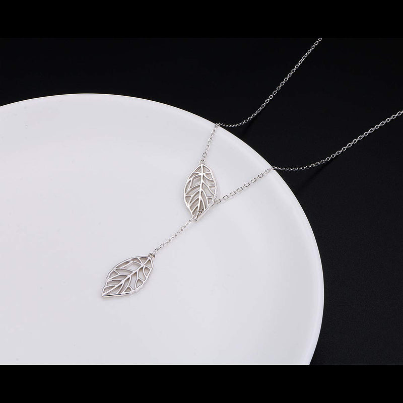 [Australia] - Long Necklace Sterling Silver Larait Bar Y Lariat Long Chain Drop Adjustable Necklace Gift for Her, 30" Long Leaf Lariat Necklace 