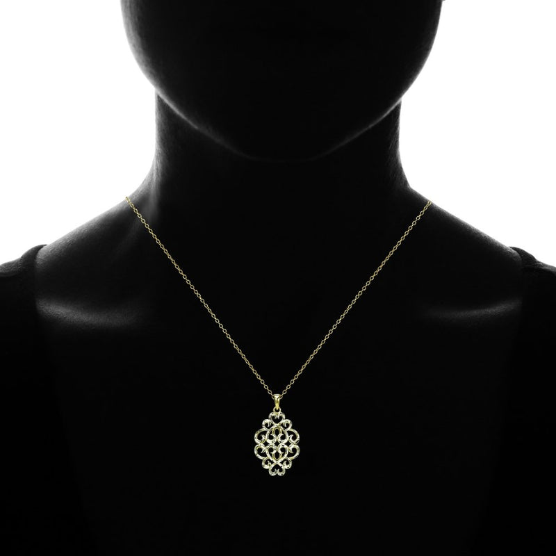 [Australia] - Sterling Silver Diamond-cut Filigree Swirl Hearts Necklace Yellow Gold Flashed 