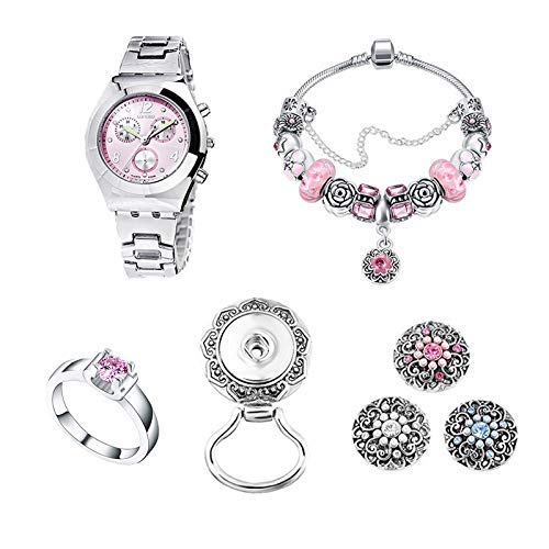 [Australia] - MJartoria Gifts for Her Jewelry Set, Rhinestone Wristwatch, Charm Bracelet, Magnetic Brooch Pins Holdder, Rhinestone Ring Mothers Day for Wife,Mom,Daughter silver-5pcs 