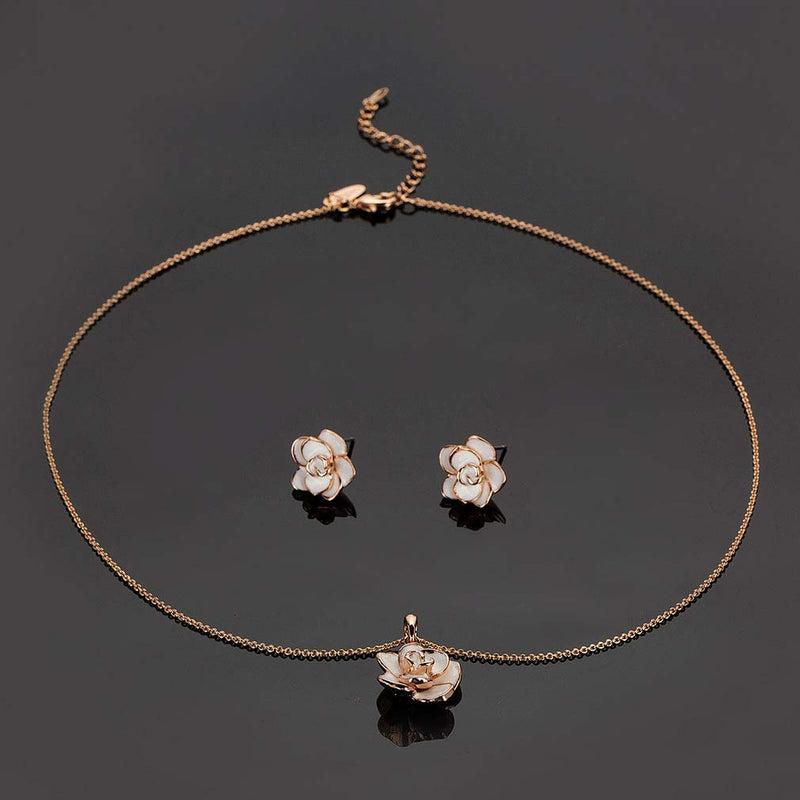 [Australia] - EVEVIC Rose Flower Necklace Earrings Set for Women 18K Gold Plated Hypoallergenic Jewelry Sets White 