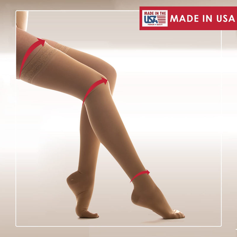 [Australia] - Medicella Premier Closed Toe Thigh High Compression Stockings for Women 15-20 mmHg Made in USA Medical Quality Sheer Moderate Pressure Support Circulation & Travel (X-Large, Beige) X-Large 