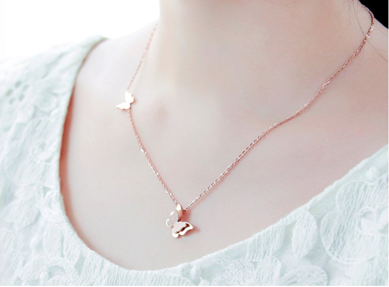 [Australia] - WDSHOW Rose Gold Stainless Steel Butterfly Pendant Necklace 16-18 inch Earring and Necklace (rose gold) 