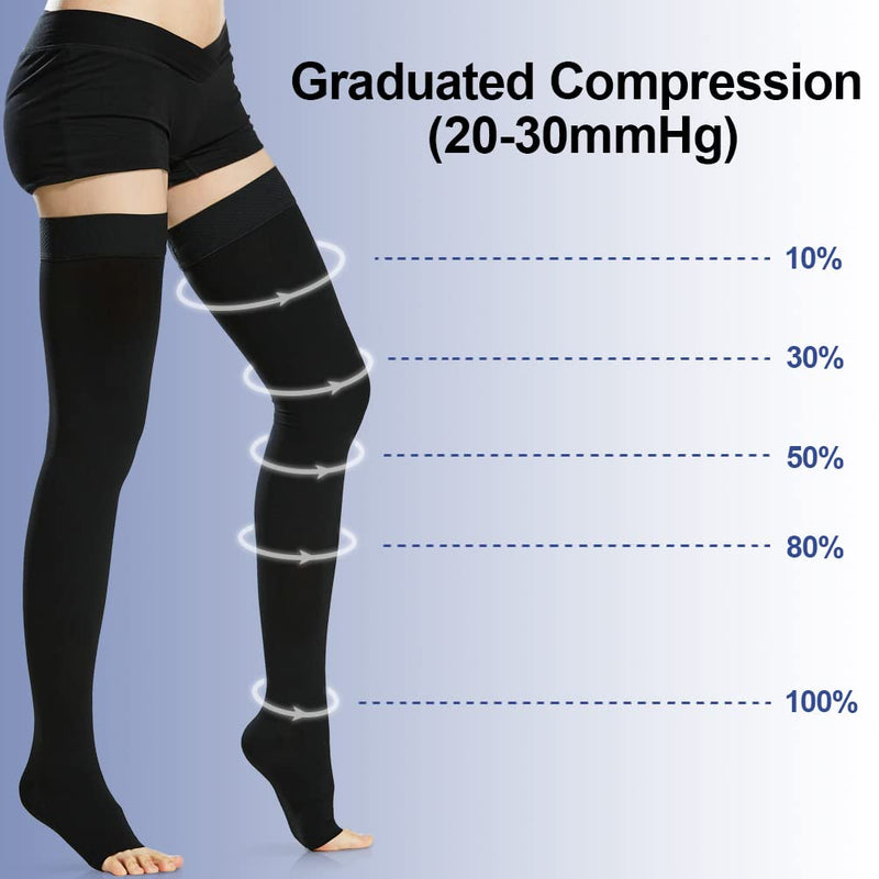 [Australia] - Beister 1 Pair Medical Open Toe Thigh High Compression Stockings with Silicone Band for Women & Men, Firm 20-30 mmHg Graduated Support for Varicose Veins, Edema, Flight. Black Large (Pack of 1) 