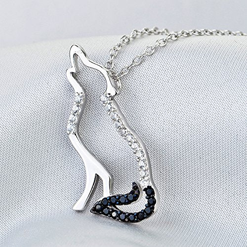 [Australia] - YFN Wolf Pendant Necklace 925 Sterling Silver Cubic Zirconial Wolf Moon Necklace 18" Birthday Day Jewelry for Girlfriend Wife Black Cz Wolf Necklace 