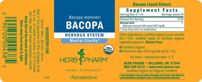[Australia] - Herb Pharm Certified Organic Bacopa Liquid Extract for Brain Support - 1 Ounce (DBAC01) 