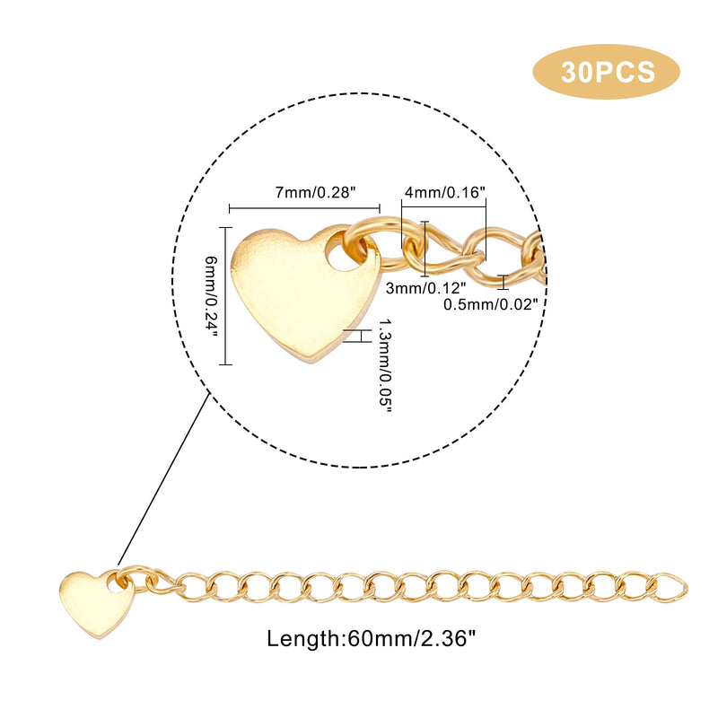 [Australia] - UNICRAFTALE about 30pcs 60mm Golden Hypoallergenic Chain Extension, with heart Charms, Stainless Steel Chain Extender for Jewelry Making Supplies Golden- Heart - 30pcs 