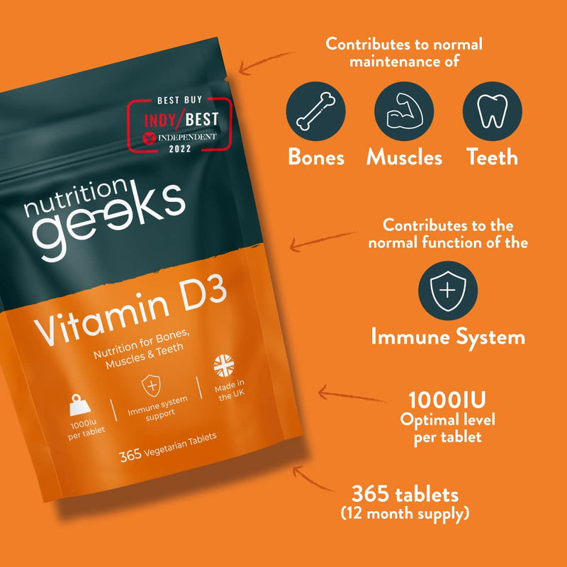 [Australia] - Vitamin D 1000iu - 1 Year Supply, 365 Easy-Swallow Vitamin D Tablets, Vegetarian Vitamin D3, High Strength Immune Support Supplement - Awarded by The Independent UK 