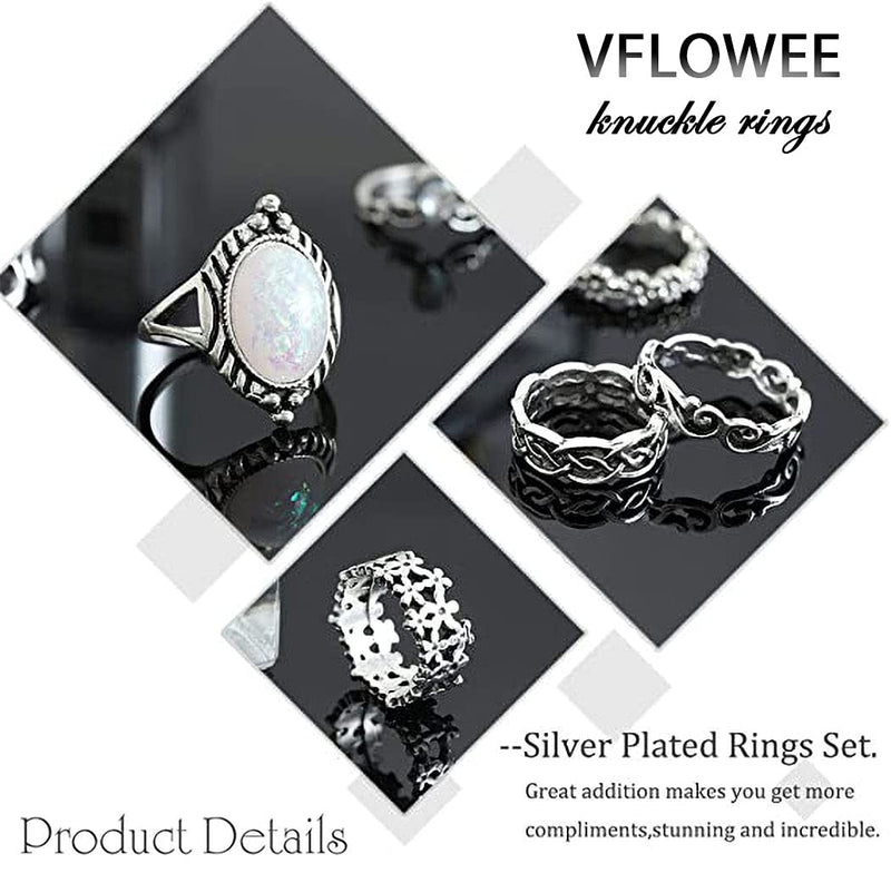 [Australia] - VFlowee Boho Crystal Knuckle Rings Set Gemstone Vintage Stackable Finger Rings Midi Ring for Women Hollow Carved Flowers Gold&Silver Ring Crystal Joint Rings (10pcs boho rings silver) 10pcs boho rings silver 