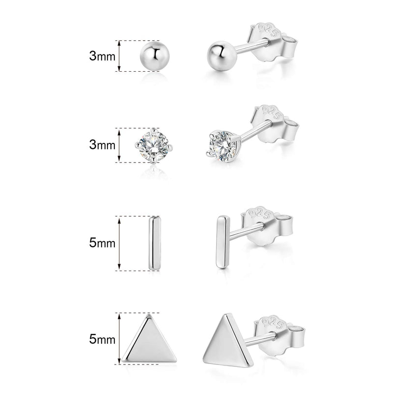 [Australia] - Sterling Silver Stud Earrings - 4 Pairs Small Silver Ball Earrings Triangle Stud Earrings Round CZ Earrings Bar Earrings Set Hypoallergenic Studs Cartilage 14K Earrings(3mm2&5mm2) 1Silver-4 pairs studs 