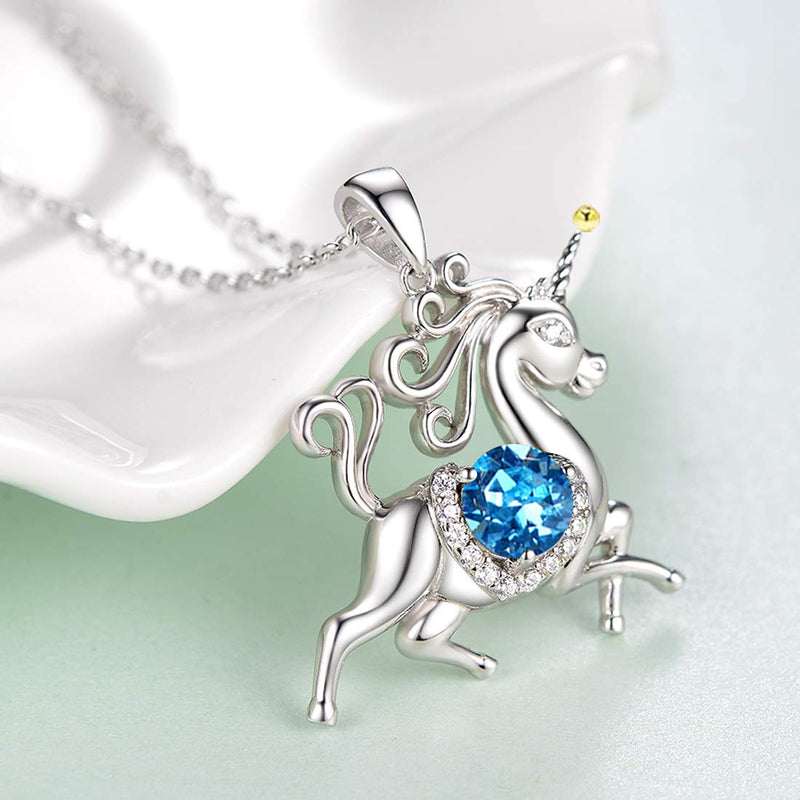 [Australia] - Birthday Gifts for Daughter Blue Aquamarine Jewelry Unicorn Necklace for Teen Girls Granddaughter Sterling Silver Animal Necklace Blue Aquamarine Unicorn Necklace 