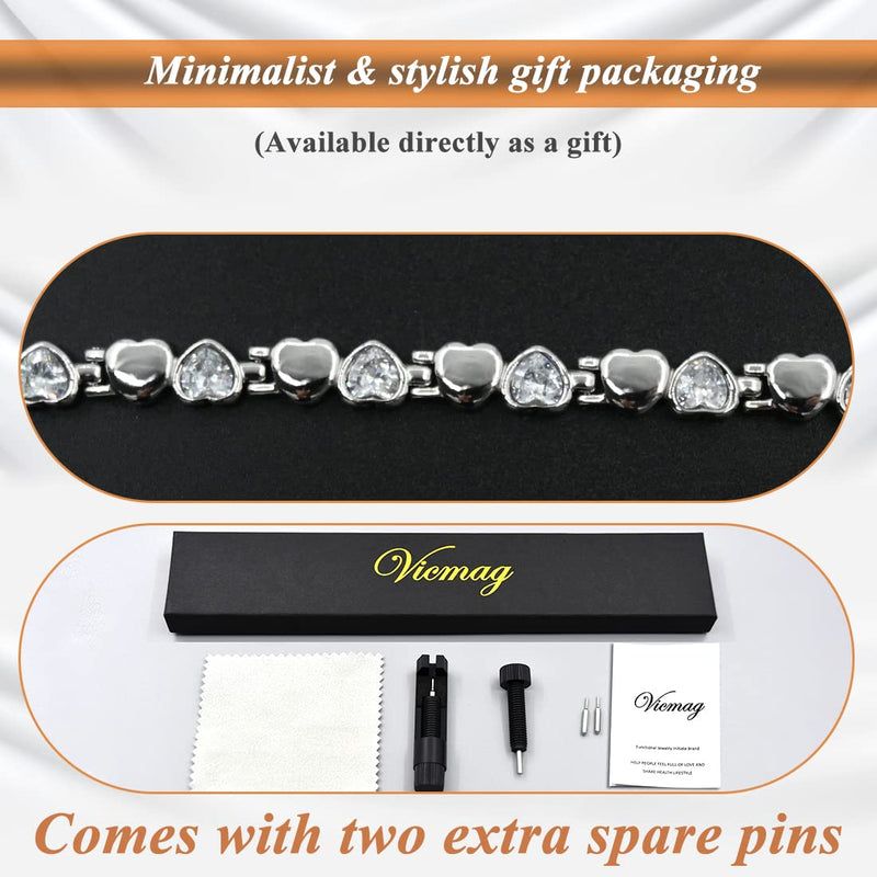 [Australia] - Vicmag Magnetic Bracelets for Women Titanium Steel Brazaletes Ultra Strength Magnetic Adjustable with Removal Tool and Gift Box (Silver Love Heart) Silver Love Heart 