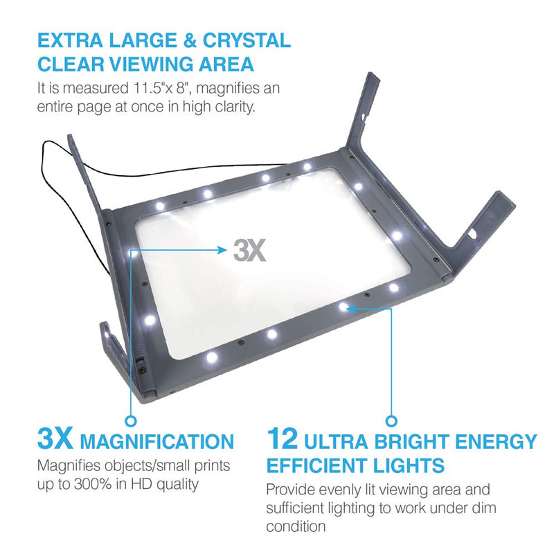 [Australia] - 3X Large Full Page Magnifier with 12 LED Lights[Provide Evenly Lit Viewing Area], Foldable Flip-Out Legs, Dual Power Supply Modes- Ideal for Hands Free Reading, Low Vision, Seniors with Aging Eyes 