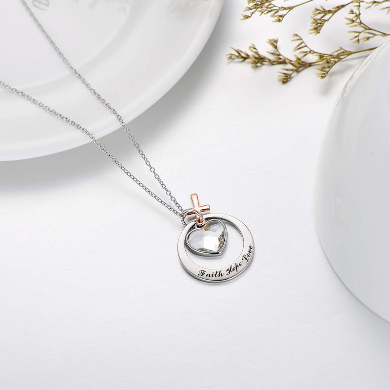 [Australia] - Two-Tone Sterling Silver and Rose Gold or Gold-"Faith Hope Love" Cross Charm Pendant Necklace with Swarovski Crystal Silver & Rose Gold 