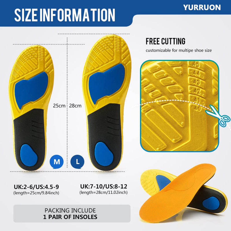 [Australia] - YURRUON 1 Pair Arch Support Insoles Shoe Insoles Inserts Cushioning Foot Pad Insert Flat Foot Shoe Insoles for Men and Women Men (UK Size 7 - 10) 