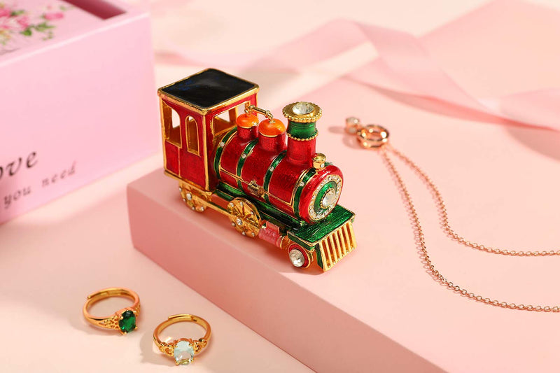 [Australia] - Furuida Mini Steam Train Jewelry Trinket Box Hinged Enameled Crystal Ornaments Gift for Home Decor 