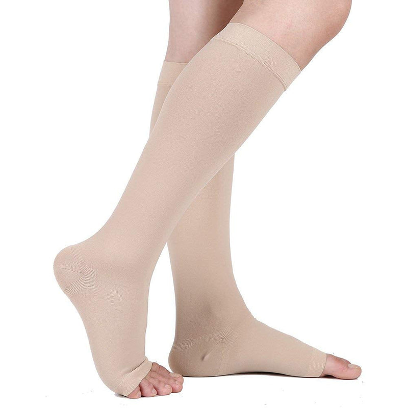 [Australia] - MGANG® Compression Socks, 15-20 mmHg Graduated Knee High Compression Stockings for Unisex, Class I, Open Toe, Opaque X-Large Open-toe Beige 