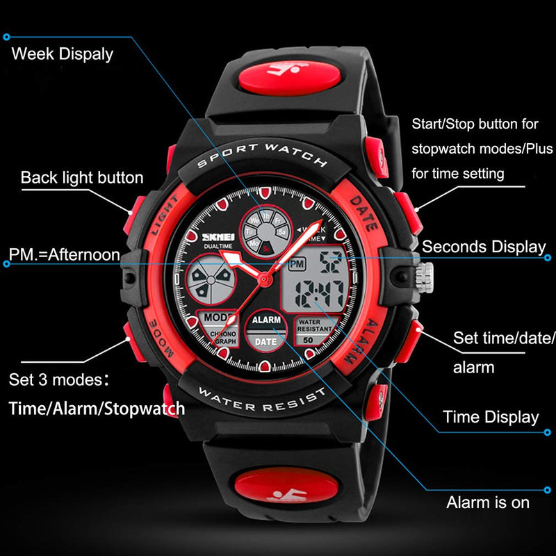 [Australia] - eYotto Kids Sports Watch Waterproof Boys Multi-Function Analog Digital Wristwatch LED Alarm Stopwatch Red 