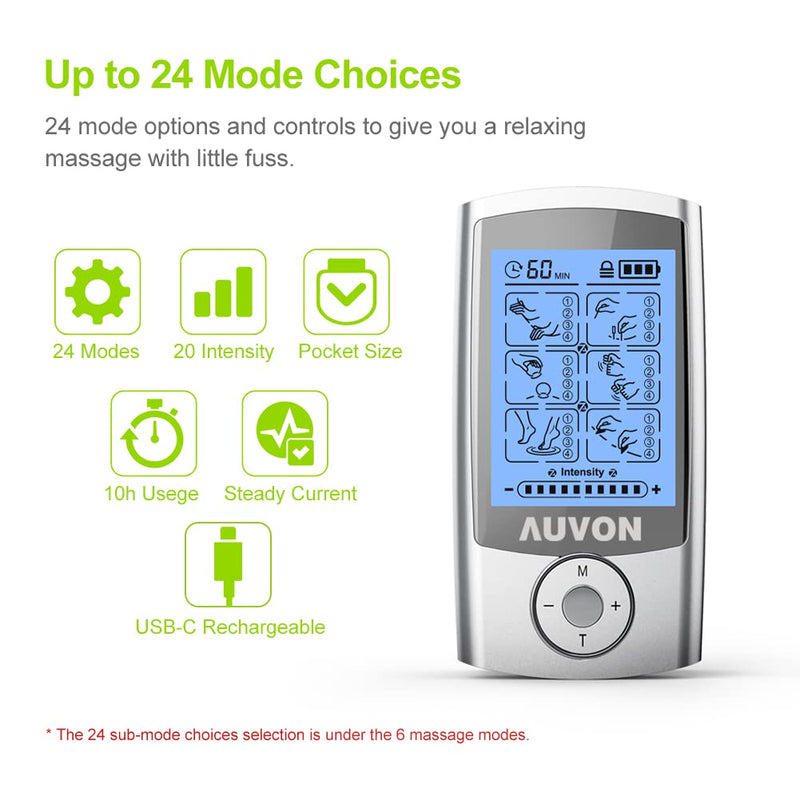 [Australia] - AUVON Rechargeable TENS Machine Muscle Stimulator for Pain Relief, TENS Unit with 24 Modes, 8pcs 2" x 2" TENS Machine Pads Replacement 