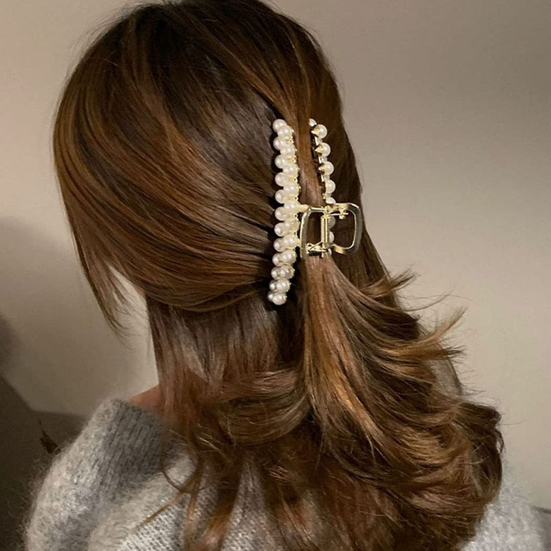 [Australia] - Runmi Hair Claw Clips Pearl Hair Clips Metal Gold Hair Barrette Claw Hair Claw Large Hair Accessories for Women and Girls 