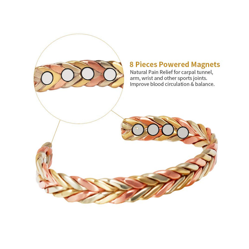 [Australia] - EnerMagiX Tri Tone Magnetic Copper Bracelets and Ring for Women or Men, Copper Bangles with 8 Magnets, 6.5'', Adjustable Size, Women's Day Gift for Mom, Wife 