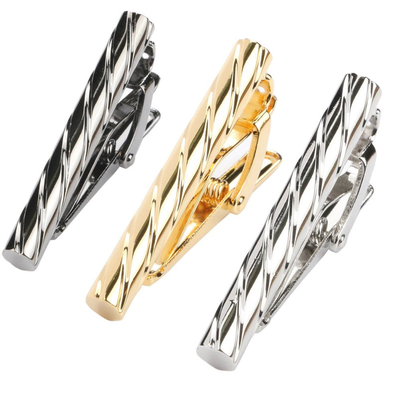 [Australia] - GWD 3pc Mens Tie Bar Clip 1.5 Inch, Silver-tone, Black, Golden 