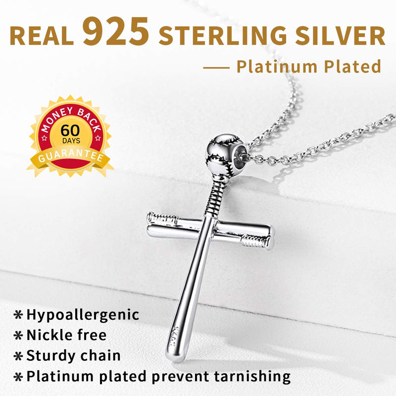 [Australia] - Nofade Silver Men Women 925 Sterling Silver Baseball Cross Pendant Necklace with 18 Inches Sterling Silver Chain, Customizable (with Gift Box) Style A 