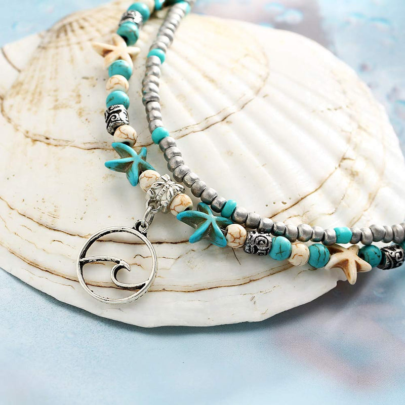 [Australia] - ASHMITA Blue Turtle Ankle Bracelet Set Multilayer Beads Handmade Boho Beach Anklet Foot Jewelry Women Set of E 