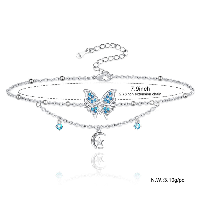 [Australia] - Butterfly Layered Anklet for Women 925 Sterling Silver Anklet Bracelet Adjustable Beach Anklets Jewelry Gifts for Women Girls Mom Wife Blue Butterfly 