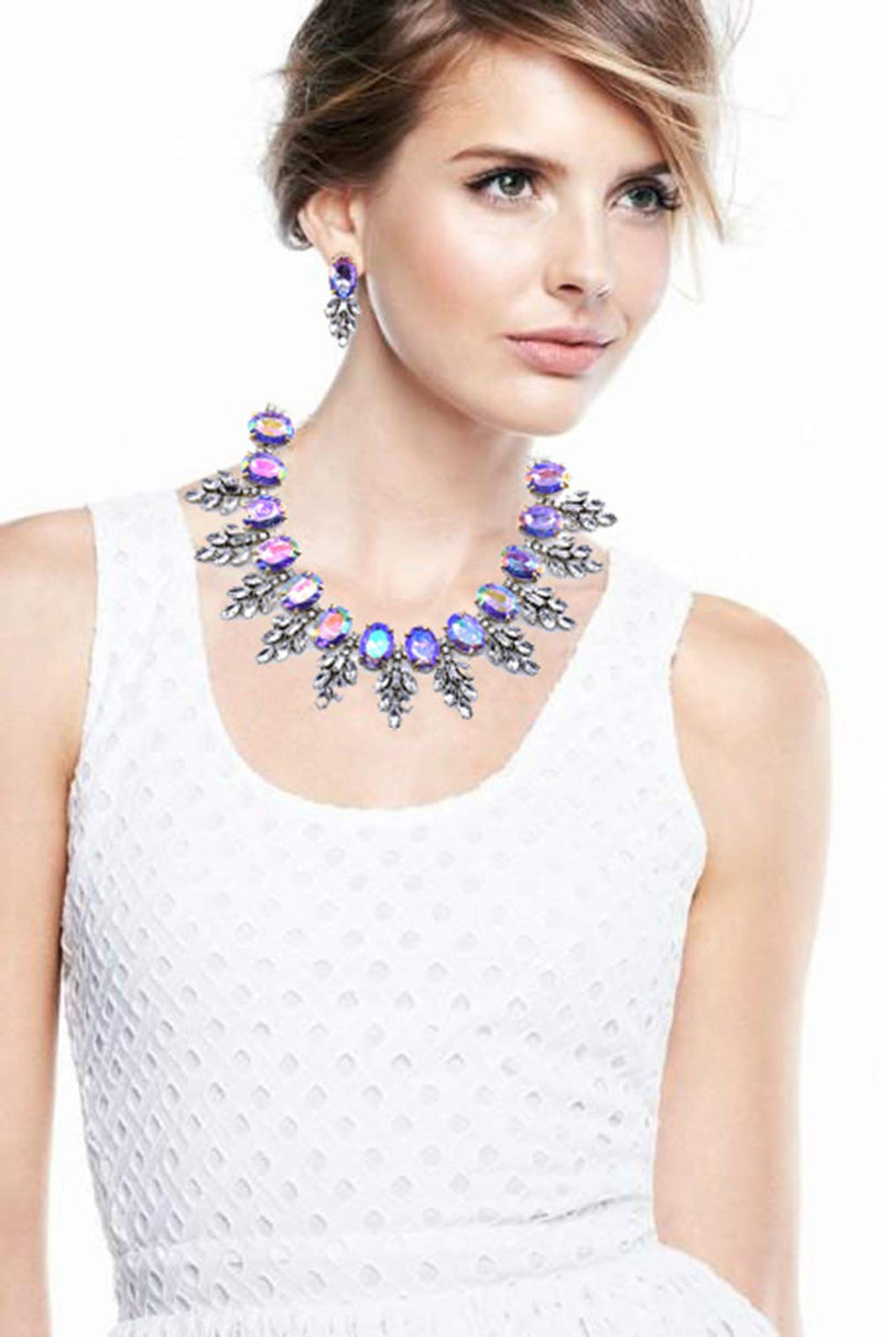 [Australia] - Zthread Lux Statment Necklace Leaf Crystal Choker Eveing Dress Brial Jewelry Necklace Earrings Set for Women Purple 