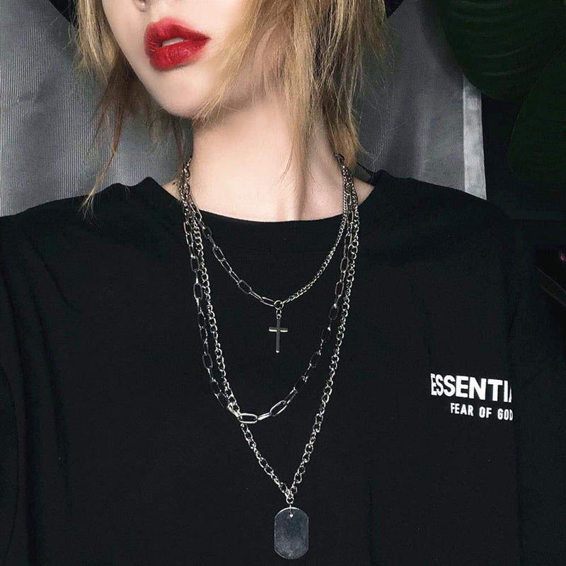 [Australia] - Women Girls Harajuku Streetwear Multilay Necklace Punk Hip hop Long Chain Stainless Steel Cross Lock Statement Pendant Multilayer Choker Necklace Fashion Jewelry 