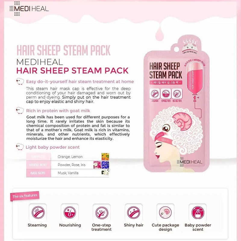 [Australia] - MEDIHEAL Hair Sheep Steam Pack 5 Sheets, Hair Mask for Intense Hair Repair for Damaged and Rough Hair, steaming hair mask for All Hair Types for At-Home Spa Experience 