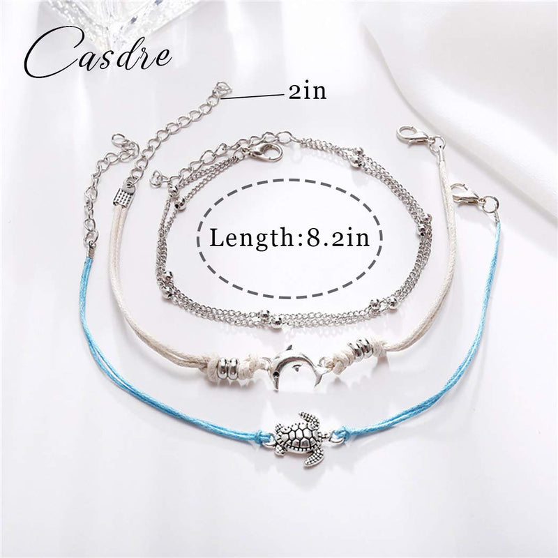 [Australia] - Casdre Retro Layered Ankle Bracelet Silver Dolphin Tortoise Foot Chain Beaded Adjustable Foot Jewelry for Women and Girls 