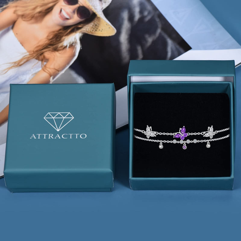 [Australia] - ATTRACTTO Butterfly Anklet Bracelets for Women 925 Sterling Silver Layered Anklets for Sea Beach Foot Ankle for Teen Girls Wife Girlfriend Mother Purple Buttefly Anklet 