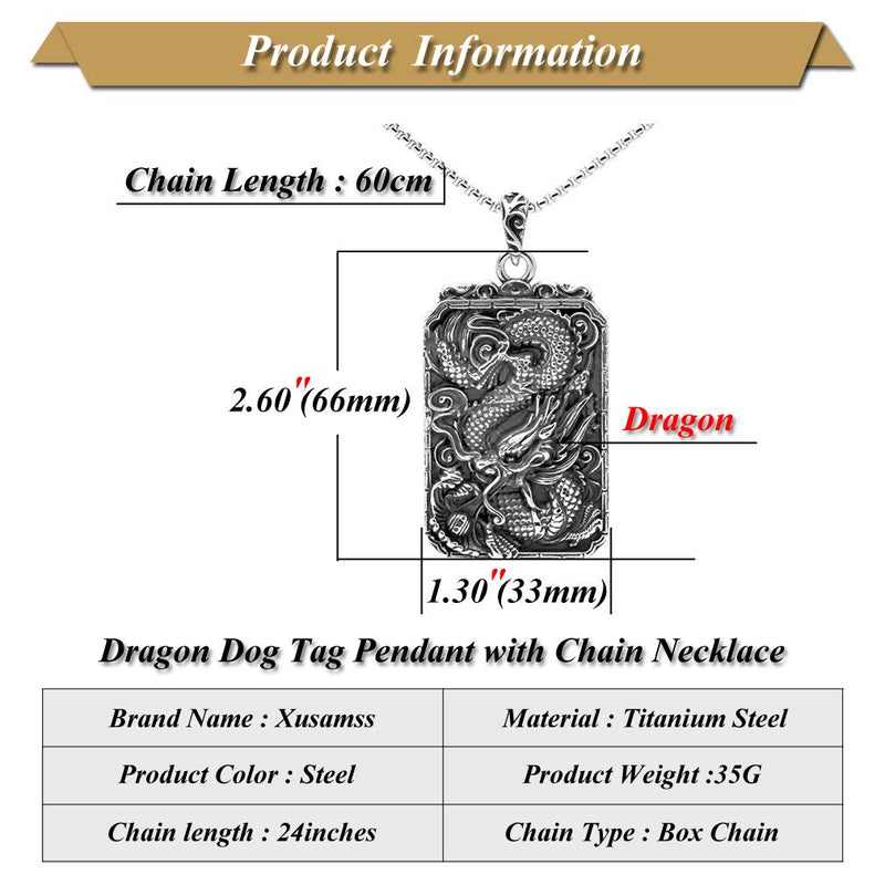 [Australia] - Xusamss Punk Rock Titanium Steel Dragon Dog Tag Pendant Necklace,24" Link Chain 316L Steel Dragon Dog Tag 