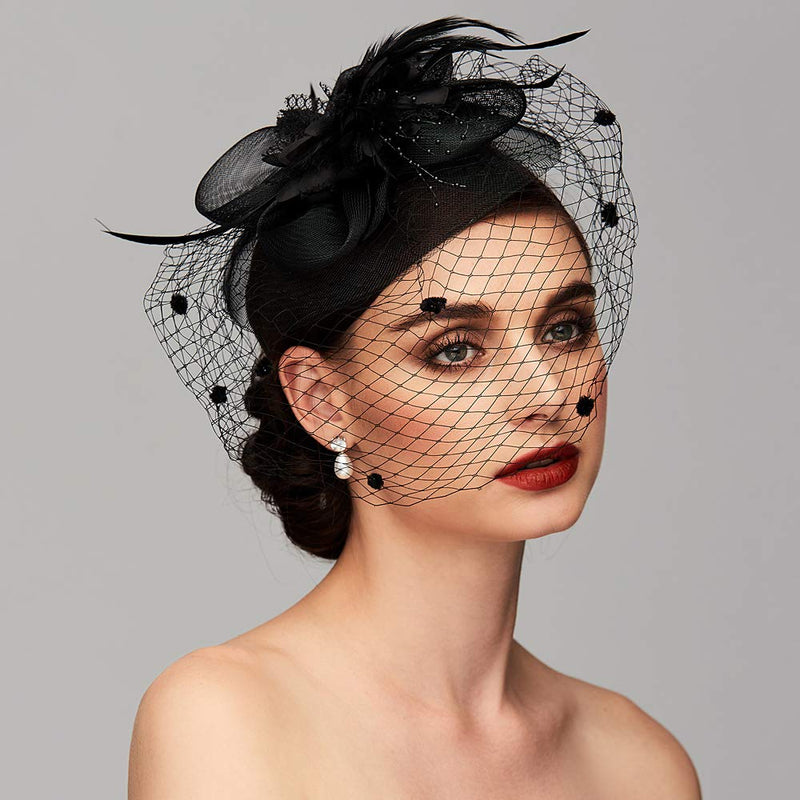 [Australia] - Feather Net Kentucky Derby Hat Fascinators Headpiece Wedding Special Occasion with Birdcage Veil Floral Flower Black 