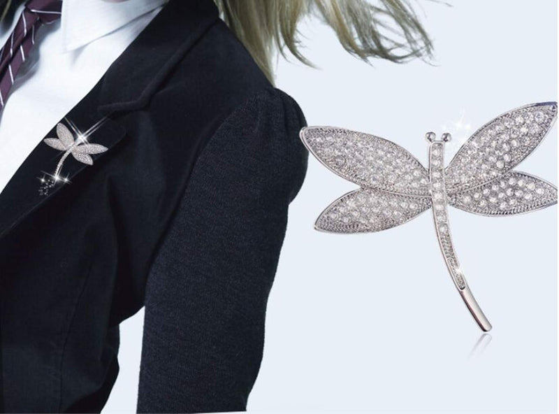 [Australia] - White Gold Plated Brooch Pins Pendant with Cubic Zirconia for Women Lady Girls Dragonfly Shaped 