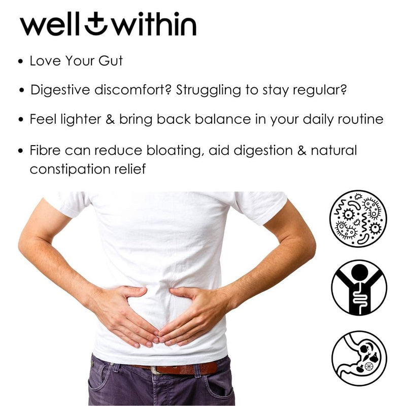 [Australia] - 10,000mg Fibre Supplement Prebiotic Powder - 10 Gram Boost = 1/3 NHS Daily Fibre Intake (200g Bag, 30 x 5g Fiber) Well Within Gut Health 4in1 Soluble + Insoluble Fibre Powder Blend. Men, Women & Kids 